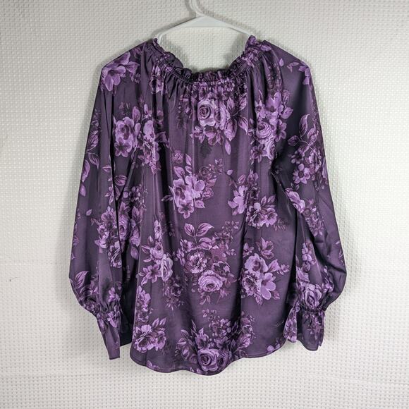 Talbots Small Purple Floral Blouse Satin Look Long Sleeve Elastic Neck Pullover - Picture 2 of 4